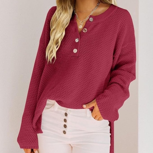 Red V-Neck Oversized Batwing Long Sleeve Loose V Neck Sweaters - Picture 2 of 11